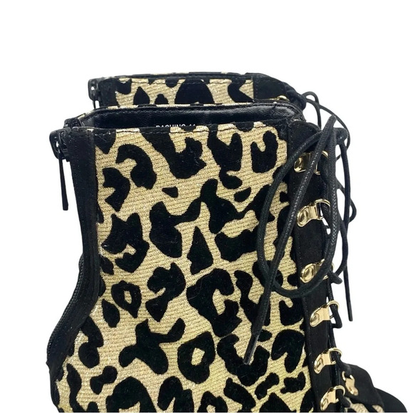 Anne Michelle Metallic Gold & Black Stiletto Heel Ankle Booties Lace Up Peep Toe - Picture 4 of 14